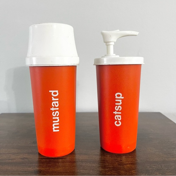 Vintage Tupperware Catsup Ketchup and Mustard Holder w Pump and One Cover Orange - Picture 6 of 6